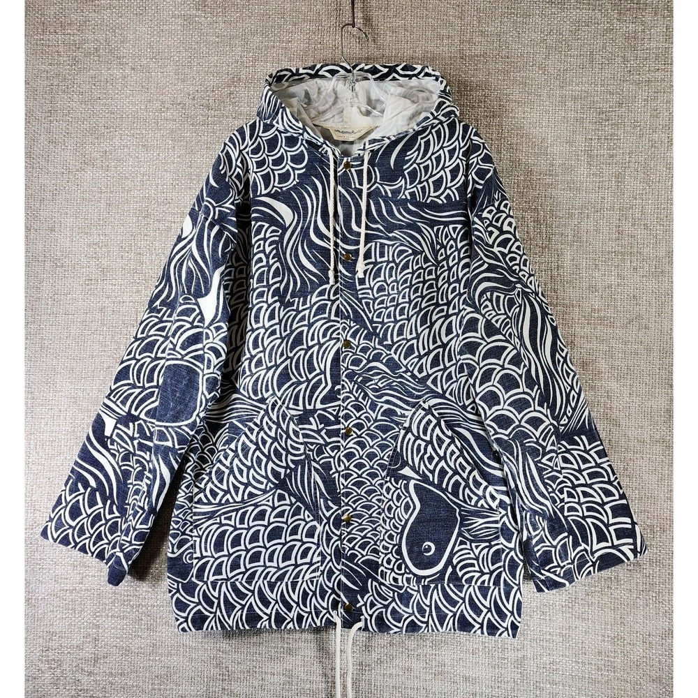 VTG 90s Michigan Rag Co Fish Print Hooded Chore Jacket Adult S/M Canvas Beach